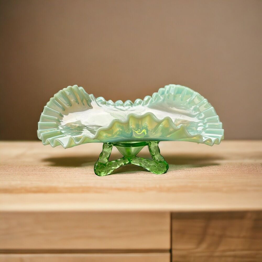 Vintage Green Opalescent Pressed Glass 3 Footed Ruffled Design Candy Dish 8 1/2"